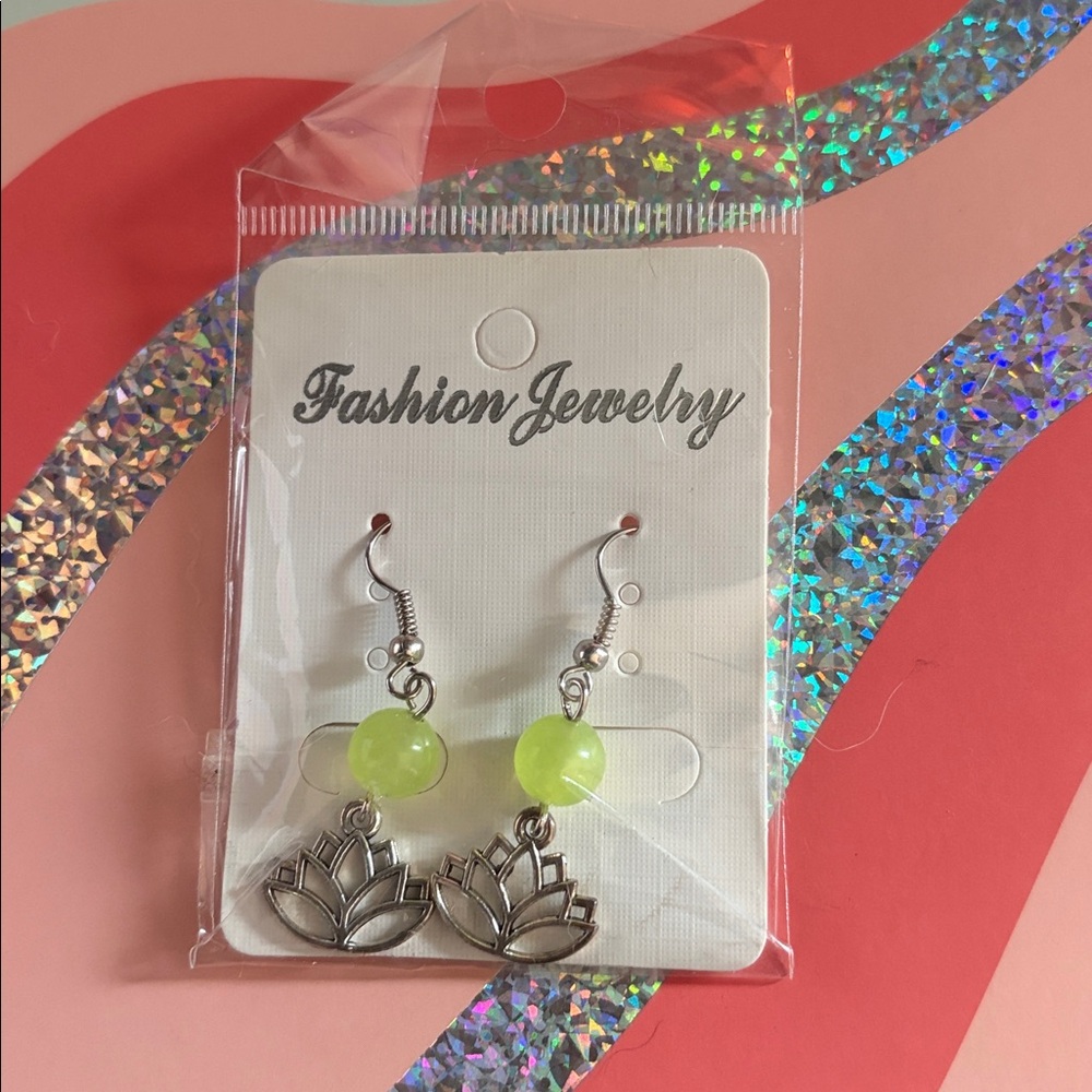 Silver Lotus Earrings with Green Beads